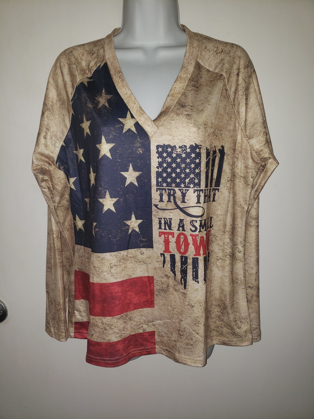 Beige Vintage American Flag V-Neck Jersey Top